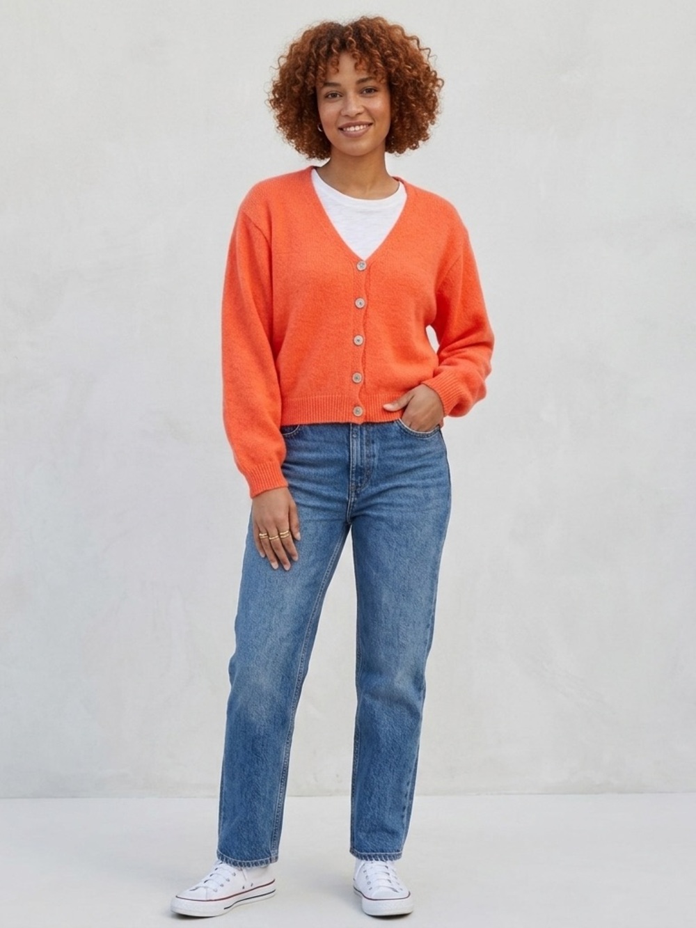 Cropped V-Neck Lightweight Button Cardigan - Orange Size Medium New